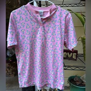 TREND BASICS Y2K Vintage Pink Floral Unisex Short Sleeve Polo  XL Juniors CUTE